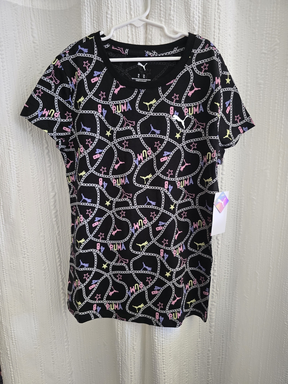 Girs XL Puma Black Tee with Pastel Logo Chain Print